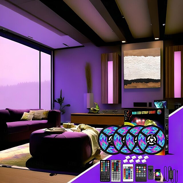  LED ストリップ ライト 20m ブルートゥース DIY カラーチェンジ 2835 RGB キット 隠しコントローラーとリモコン付き - 取り付け簡単 5m 10m 15m テレビのバックライト、部屋や寝室の装飾に