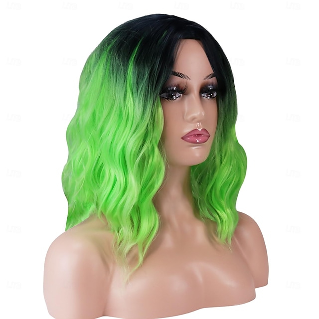  Perruque courte ondulée bouclée verte ombrée de 14 pouces, perruque synthétique résistante à la chaleur vert citron fluo pour cosplay, perruque mi-longue avec raie au milieu pour la fête costumée