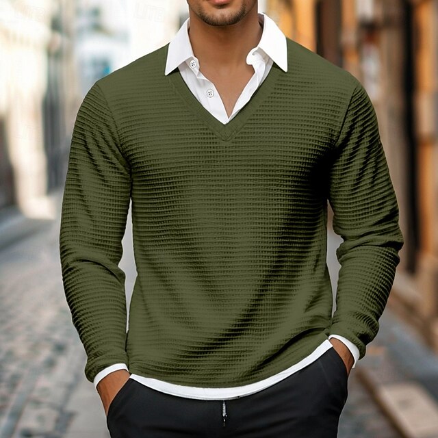 Men's Waffle Tshirt Tee Top Long Sleeve Shirt Solid Color Turndown