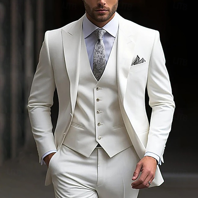  Costumes de mariage pour hommes Blanc Mode Formel Été Solide Ajustement standard 3 pièces à simple boutonnage deux boutons