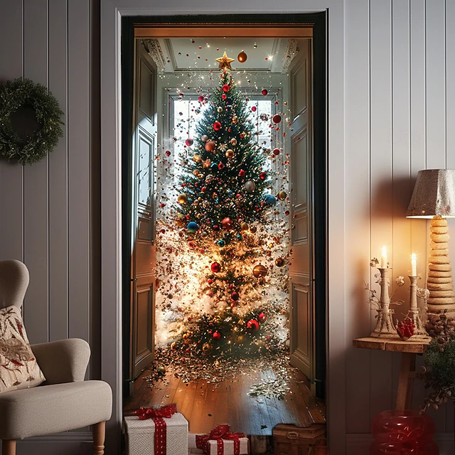 Christmas Door Decorations Door Covers Xmas Christmas Tree Door Tapestry Door Curtain Decoration Backdrop Indoor/Outdoor Door Banner for Front Door Farmhouse 9