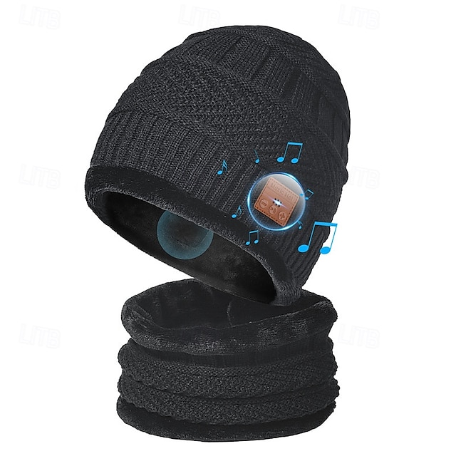 Bluetooth Beanie with Scarf Bluetooth Rechargeable Knit Cap with Wireless Hands Free Head Hat Christmas Gift for Men and Women