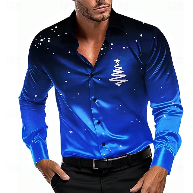 Kerstmis Voor heren Ster Overhemd Overhemd met knopen Lange mouw Casual Mode-casual Vakantie Feestavondkleding Dagelijks gebruik Zomer Lente Herfst Overhemden met kraag 3D-afdrukken Zwart Grijs Paars