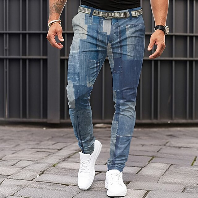Men's Plaid Color Block Patchwork Dress Pants Mid Waist Business Casual Formal Dailywear Zipper Pocket Summer Spring Fall 3D Print Blue4