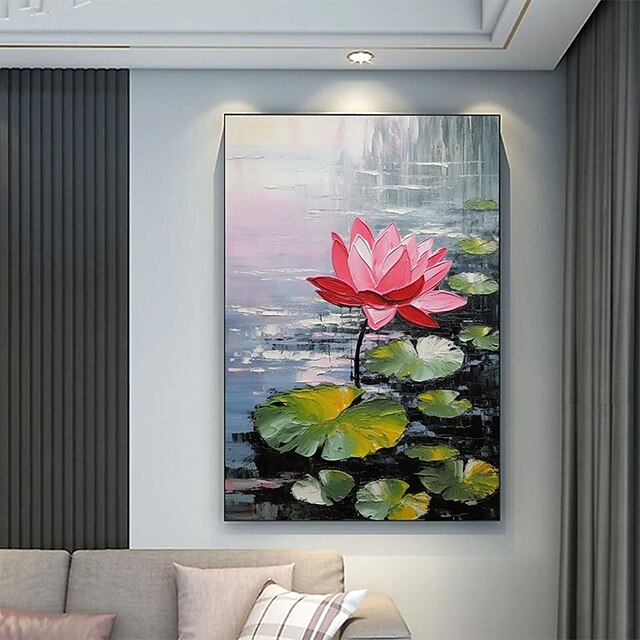 Handpaint Original Abstract Lotus Oil Painting On Canvas 3D Texture