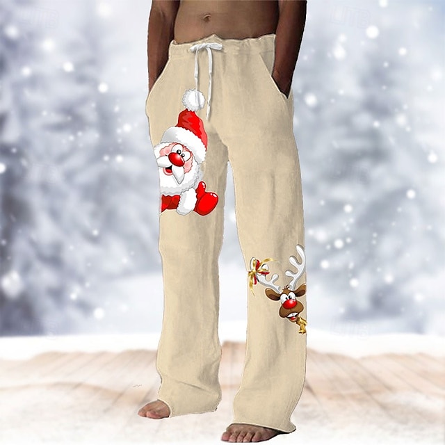 クリスマスハワイアンパンツ 男性用 サンタクロース パンツ 巾着ゴムウエスト カジュアル パーティーイブニングウェア クリスマスパーティー ビーチウェア ストレートレッグパンツ 3Dプリント ホワイト グリーン カーキ色