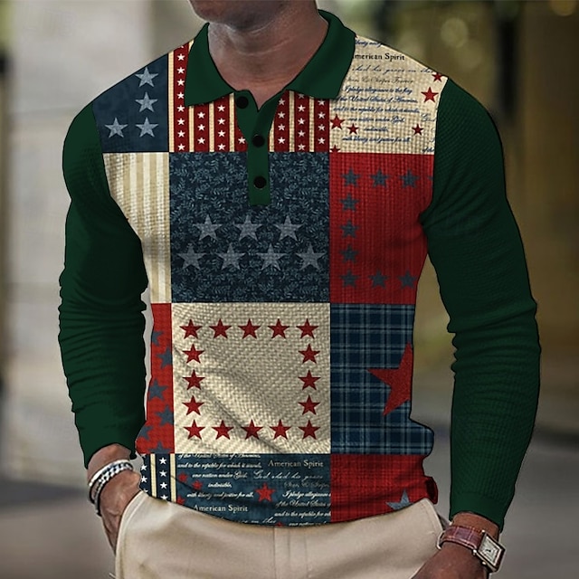  Herren Karomuster Waffel-Poloshirts Golfshirt Langarm Polo-Shirts Hemden mit Kragen Vintage Lässig Urlaubskleidung Formelle Kleidung Festivalkleidung Knöpfe 3D-Druck Frühling Herbst Winter Blau