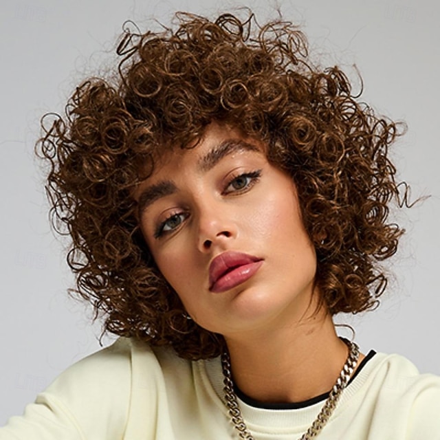  parrucche brasiliane corte pixie afro ricce e crespe per donne parrucca bob castana senza colla con frangia parrucca di capelli umani da 6 pollici