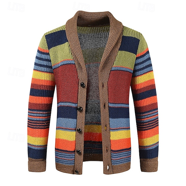  Men's Cardigan Sweater Chunky Knit Button Up Striped Shawl Lapel Knitwear Elegant Carnival Formal Clothing Apparel Drop Shoulder Fall Winter Red M L XL