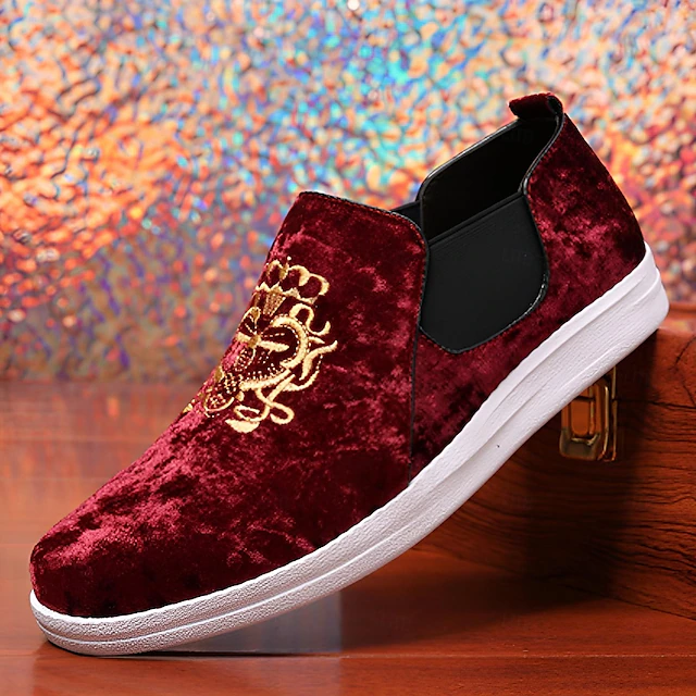 Men's Burgundy Velvet Slip-On Loafers with Golden Embroidery and White Sole – Luxurious Casual Shoes for Parties and Events 13