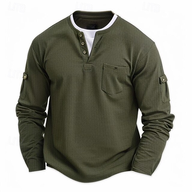 Pull Henley Homme à Col Superposé - Manches Longues, Tricot Gaufré - Polyester - Couleurs Unies (Gris, Noir, Bleu Marine, Vert Armée, Kaki)