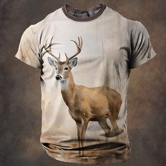 Men's Deer T Shirt Short Sleeve T shirt 3D Print Crew Neck Shirt Retro Vintage Casual Street Style Sports Outdoor Holiday Beige Grey Spring & Summer Clothing Apparel S M L XL XXL XXXL4