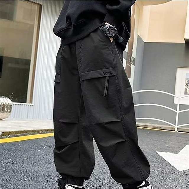  Kids Boys Pants Trousers Patchwork Pocket Solid Color Breathable Soft Comfort Pants Outdoor Sports Daily Black Green Mid Waist
