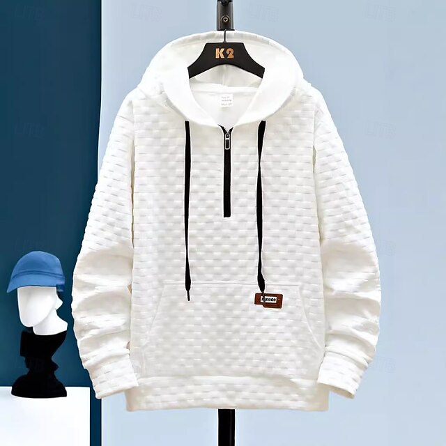 Men's Hoodie Black White Hooded Plain Jacquard Pocket Drawstring Front