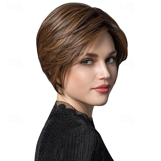  perruques brunes perruque synthétique droite avec frange perruque fabriquée à la machine cheveux synthétiques courts pour femmes mode douce facile à transporter