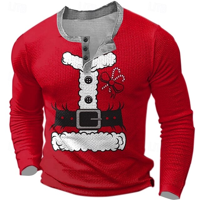 Christmas Men's Christmas Costume Henley T Shirt Pattern funny Fashion Daily Funny Print Waffle Henley Long Sleeve Red Long Sleeve Henley Collar Zip Quarter Zip Winter4