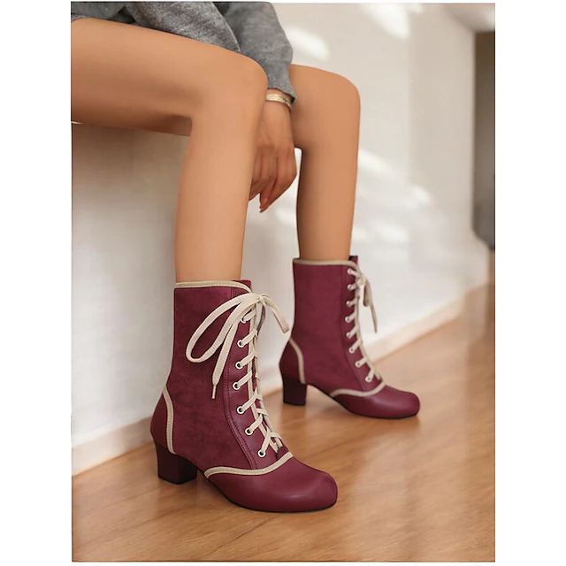 Women's Vintage Lace-Up Mid Heel Boots in Teal with Faux Suede and Faux Leather Panels – Ideal for Retro-Inspired Fashion, Cosplay, or Victorian-Style Costumes 16