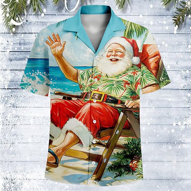 Christmas Men's Santa Claus Beach Party Shirt Short Sleeve Hawaiian Casual Daily Holiday Festival Summer Cuban Collar Print Button-Down Blue4