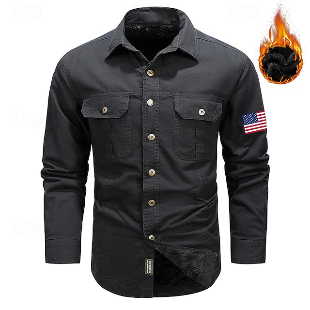 Men's American US Flag Work Shirt Western Shirt Cargo Shirt Long Sleeve Casual Sports & Outdoor Going out Fall Winter Turndown Print Black Army Green Khaki 6