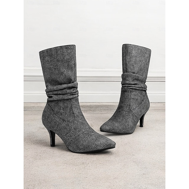  Botas beige de media pantorrilla con tacón bajo y punta estrecha para mujer: moda elegante de otoño para ocasiones informales y elegantes