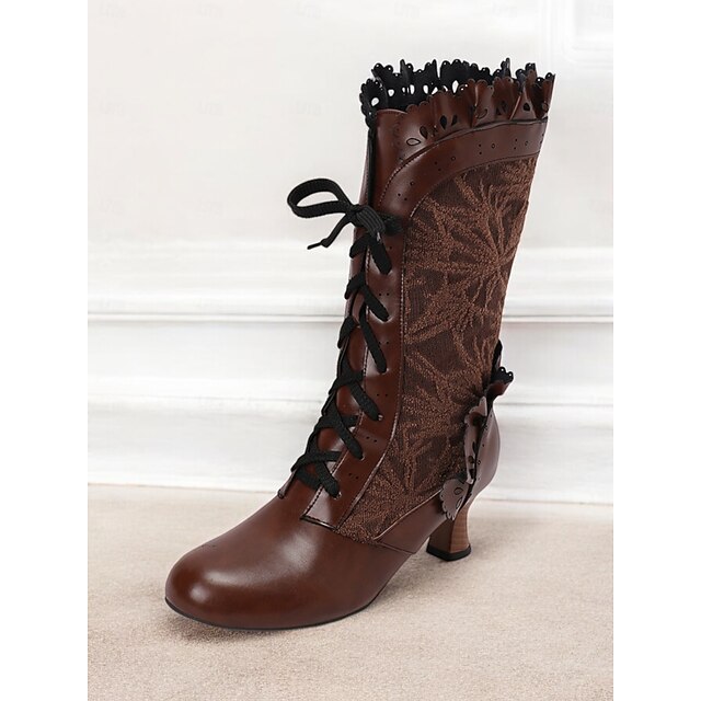 Women's Victorian LaceUp Boots with Ruffled Trim and Floral Pattern