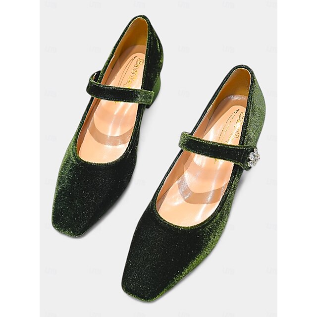 Women's Green Velvet Mary Jane Pumps Square Toe Block Heels with