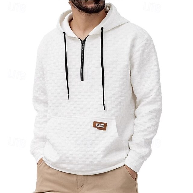 Men's Hoodie Black White Hooded Plain Jacquard Pocket Drawstring Front