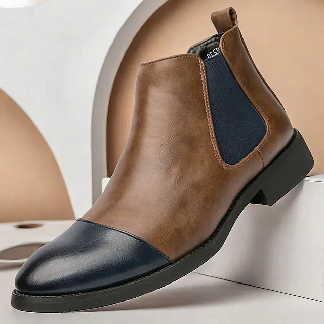 Men's Two-Tone Faux Leather Chelsea Boots – Stylish Cap-Toe Slip-On Ankle Boots with Elastic Panels for Casual and Formal Occasions 17