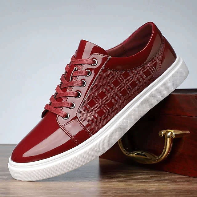Men's Glossy Red Lace-Up Sneakers with Geometric Pattern, Stylish Casual Shoes for Fashion Events and Streetwear 12