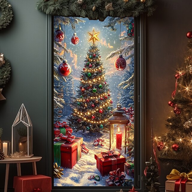 Christmas Door Decorations Door Covers Xmas Tree Door Tapestry Door Curtain Decoration Backdrop Indoor/Outdoor Door Banner for Front Door Farmhouse Christmas Tree Lights 15