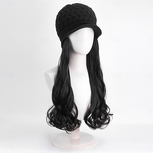  Gorro con peluca y extensiones de pelo largo y ondulado, gorro de punto con pompón para mujer, color negro, para invierno