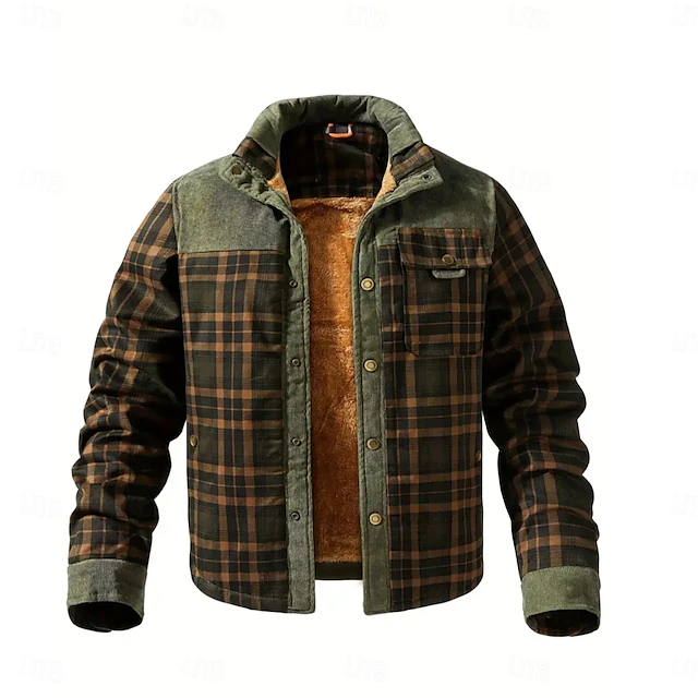 Men's Shirt Jacket Fleece Jacket Shacket Formal Home Warm Pocket Winter Spring & Fall Grid / Plaid Vintage Fashion Shirt Collar Regular Army Green Jacket 6