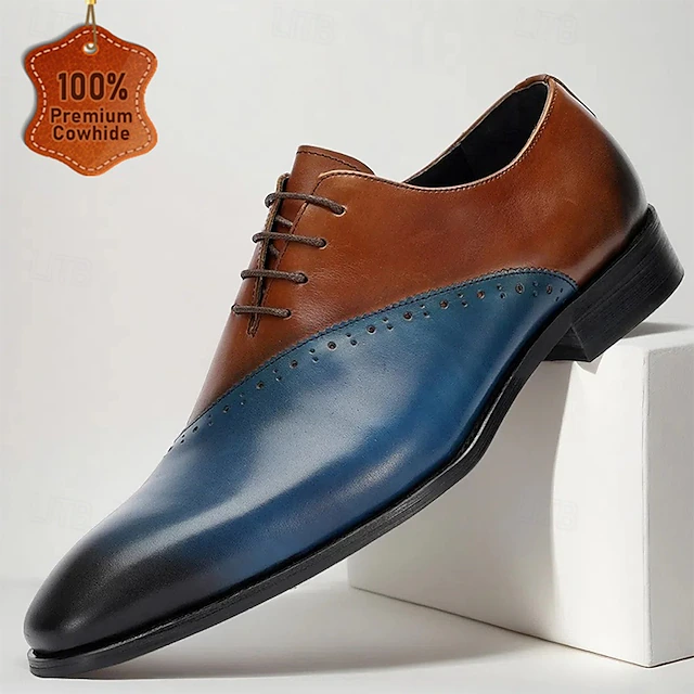 Men's Premium Cowhide Leather Oxford Shoes – Brown to Blue Gradient Formal Dress Shoes with Brogue Detailing for Business and Special Occasions 9