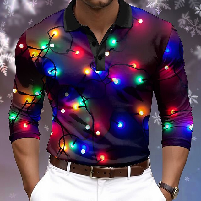 Christmas Men's Lanterns Polo Shirts Golf Polos Shirts Long Sleeve Polo Shirts Collar Casual Vacation Party Evening Wear Dailywear 3D Print Buttons Spring Fall & Winter Multi Color4