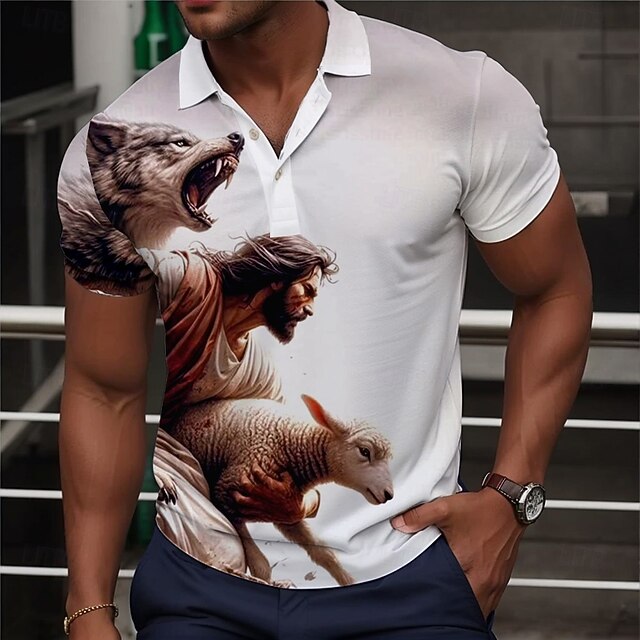 Men's Wolf Golf Shirt Short Sleeve Polo Shirts Collared Shirts Funny Streetwear Vacation Wear Party Outfits Buttons 3D Print Summer White4