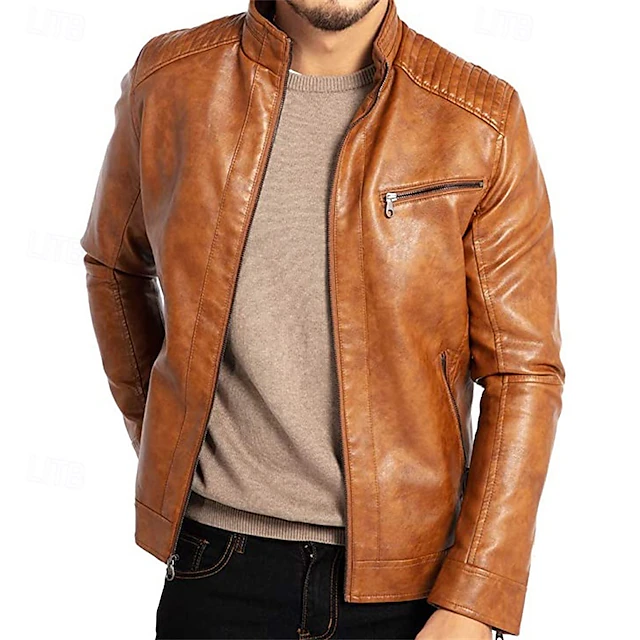Men's Faux Leather Jacket Transition Jacket Biker Jacket Vintage Leather Jacket Vacation Daily Windproof Warm Pocket Fall & Winter Plain Fashion Classic Stand Collar Regular Faux Leather Black Blue 6