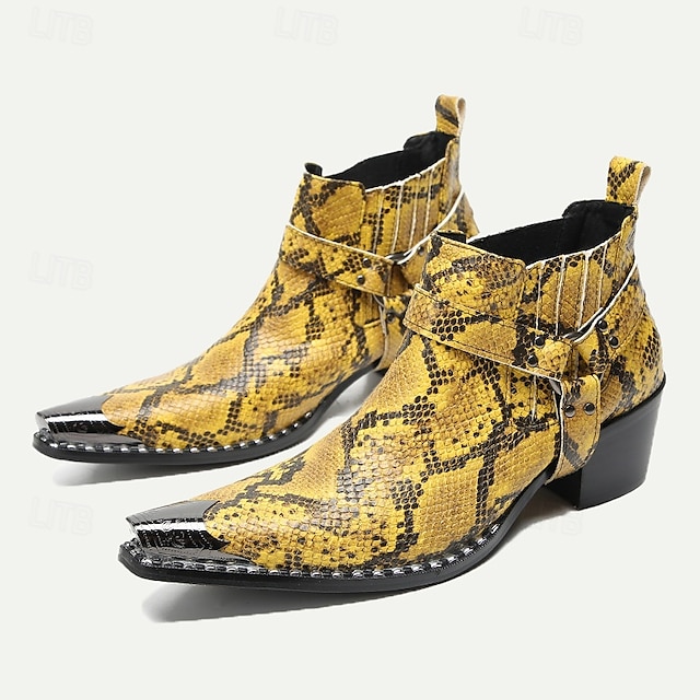  Men's Yellow Snakeskin Leather Motorcycle Boots – Western Style Pointed Toe Ankle Boots with Buckle Straps for Bold Fashion Statements
