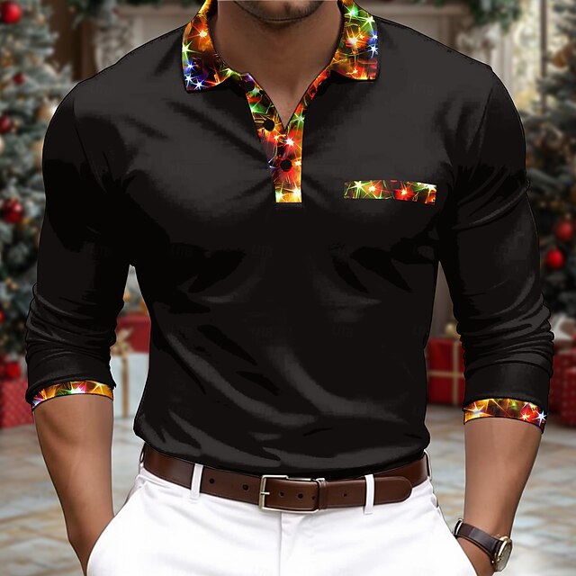 Christmas Men's Sparkly Christmas Light Polo Shirts Golf Polos Shirts Long Sleeve Polo Shirts Collar Casual Vacation Party Evening Wear Dailywear New Year Eve 3D Print Buttons Black4
