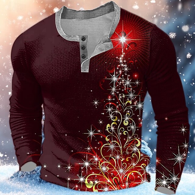 Christmas Men's Christmas Tree Shine Waffle Shirt Henley Shirt Long Sleeve Shirt Long Sleeve T shirt Print Henley Collar Zip Quarter Zip Shirt Fashion Daily Funny Christmas Red Winter Spring &  Fall4