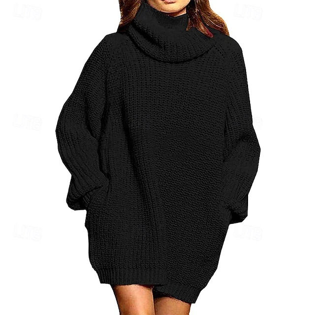 Women's Sweater Dress Casual Solid Color Turtleneck Knitted Long Sleeve Regular Tops Knit Daily Weekend Black Red Fall Winter4