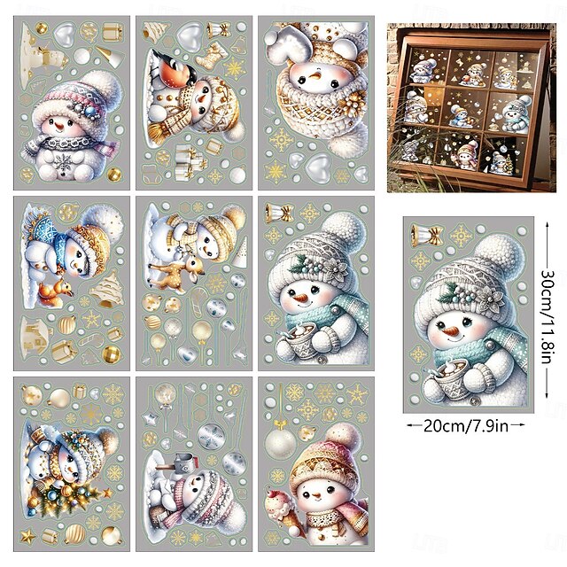 9 Sheets Christmas Stickers, Cute Snowman Wall Decals, Adorable Snowman