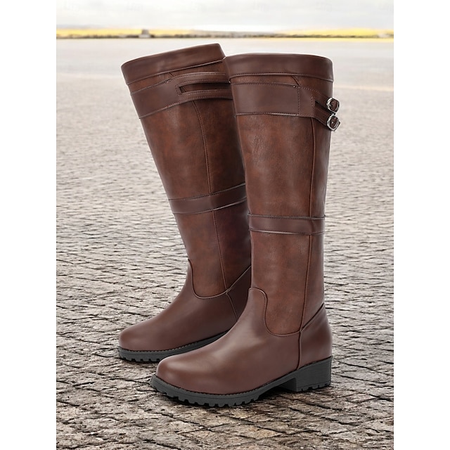  Women's Brown Knee-High Riding Boots with Buckle Detail - Durable Outdoor Footwear for Fall and Winter
