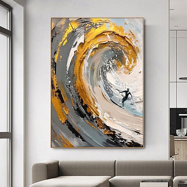 Handpaint Abstract Thick Paint Palette Knife Painting Golden Waves With