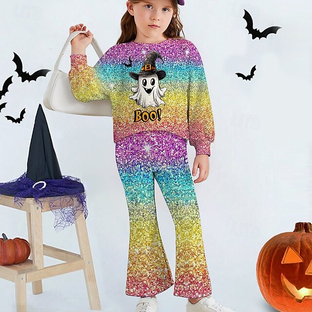  ハロウィーン 女の子 3D グラフィック ゴースト スポーツスーツ トラックスーツ スウェット＆フレアパンツセット 長袖 春 秋 日常 カジュアル ポリエステル 子供 4〜12年 クルーネック アウトドア スポーツ バケーション テイラーフィット