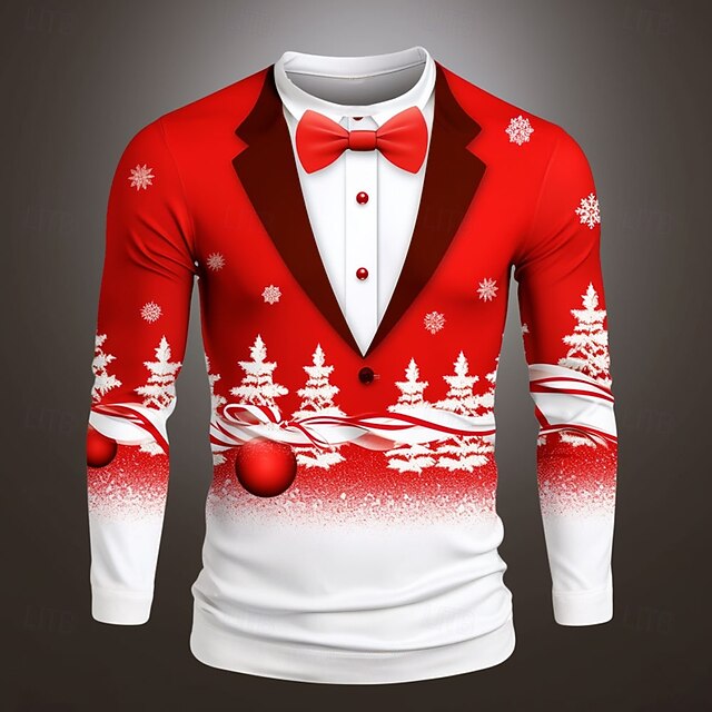 Christmas Men's Snowflake Bow tie T Shirt Long Sleeve T shirt 3D Print Crew Neck Shirt Fashion Designer Party Casual Holiday Red Summer Spring Fall Clothing Apparel S M L XL XXL XXXL4