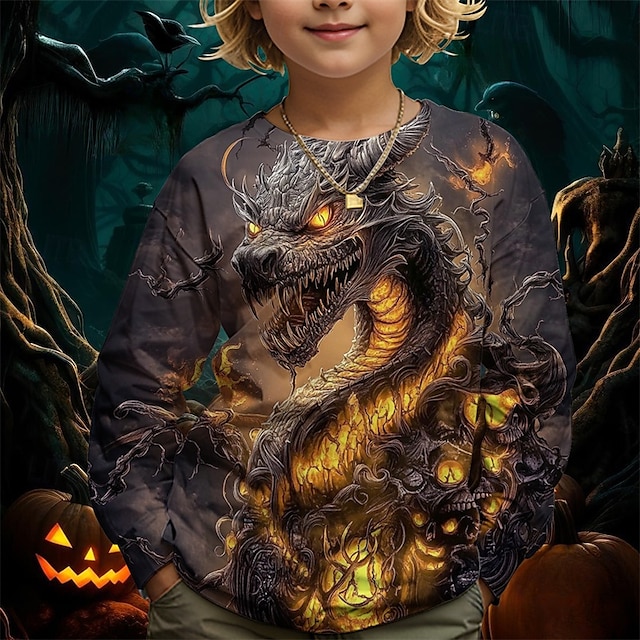 Pojkar 3D Grafisk Drake T-shirt Långärmad Vår Höst Mode Grundläggande Barn 4-12 år Rund hals Utomhus Ledigt Dagligen Normal