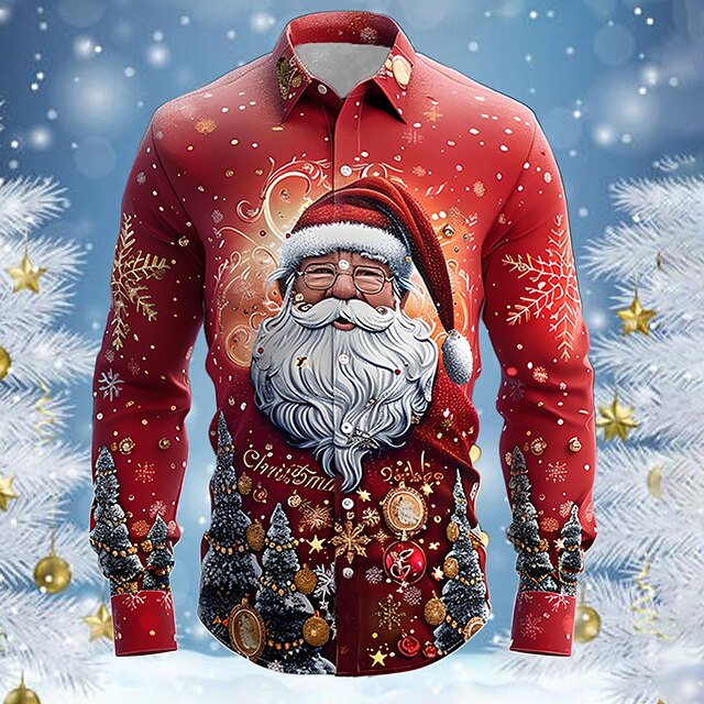 Christmas Santa Claus Casual Men's Dress Shirt Button Up Shirt Long
