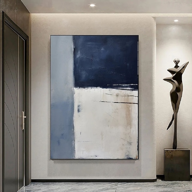  Handpainted White Blue Textured Painting Oversized 3D handmade Abstract Geometric Wall Art painting Large Minimalist black white textured Painting for Living Room bedroom Wall Decor Abstract Art