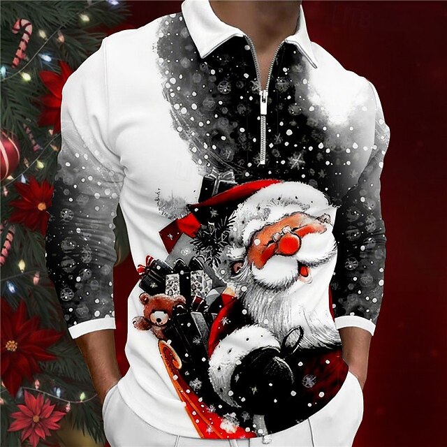 Christmas Men's Santa Claus 3D Zipper Polo Santa Claus Casual Print 3D Zip Golf Outdoor Casual Daily Streetwear Polyester Long Sleeve Turndown Zip Shirts White Fall & Winter S M L Lapel Polo4