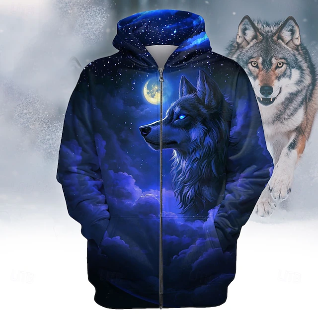 Men's Moon Wolf Hoodie Hoodies Sweatshirt Fashion Cool Long Sleeve Hooded Vacation Gym Streetwear Dark Blue Drawstring Fall Winter Designer4